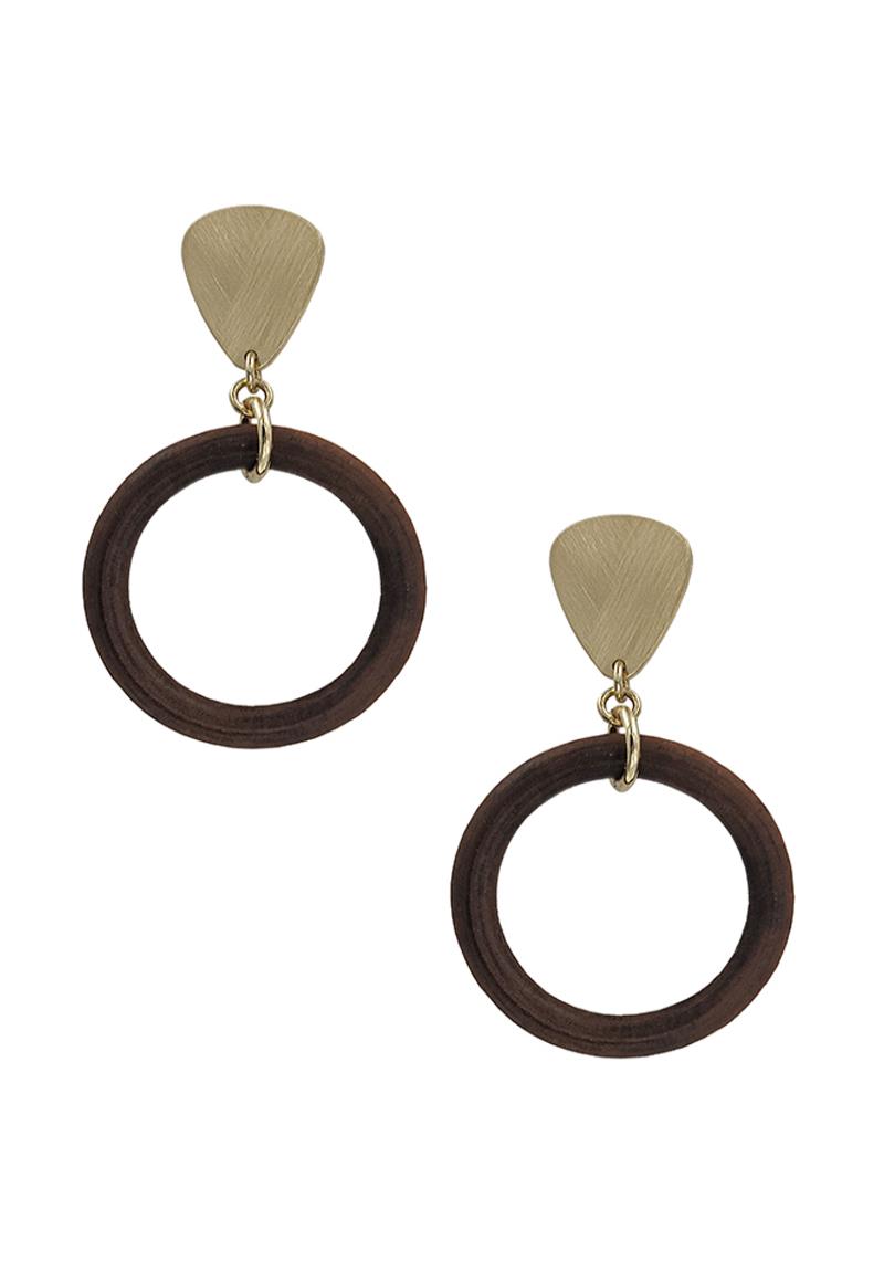 METAL & WOOD ROUND DANGLE EARRING