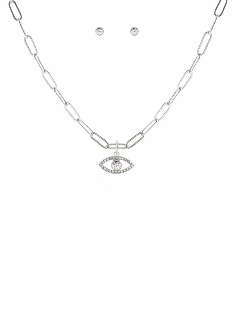 METAL CHAIN EVIL EYE PENDANT NECKLACE EARRING SET