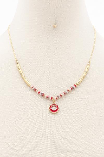 METAL RUBBER DISC BEAD EVIL EYE PENDANT NECKLACE EARRING SET