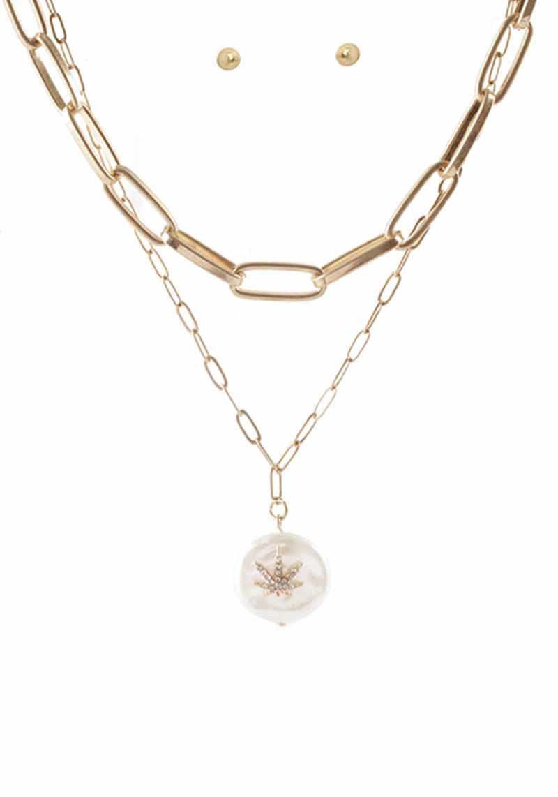 2 LAYERED METAL CHAIN PEARL PENDANT NECKLACE EARRING SET