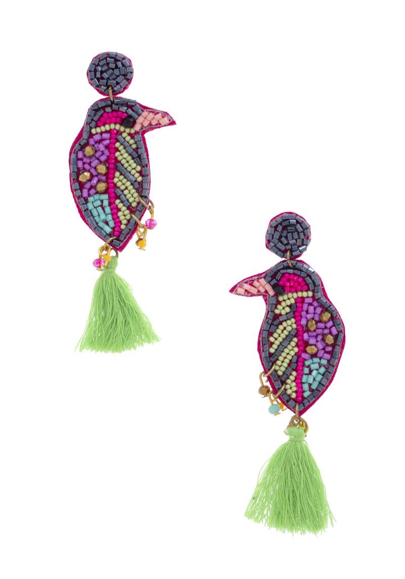SEED BEAD BIRD TASSEL POST DROP EARRING