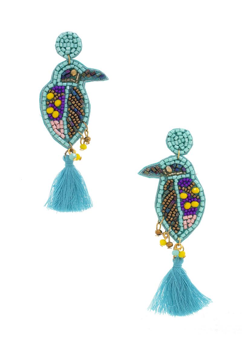 SEED BEAD BIRD TASSEL POST DROP EARRING