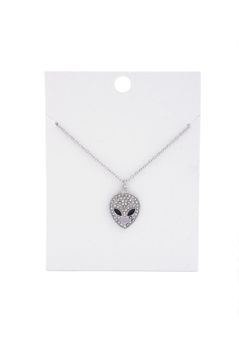 RHINESTONE ALIEN HEAD PENDANT NECKLACE