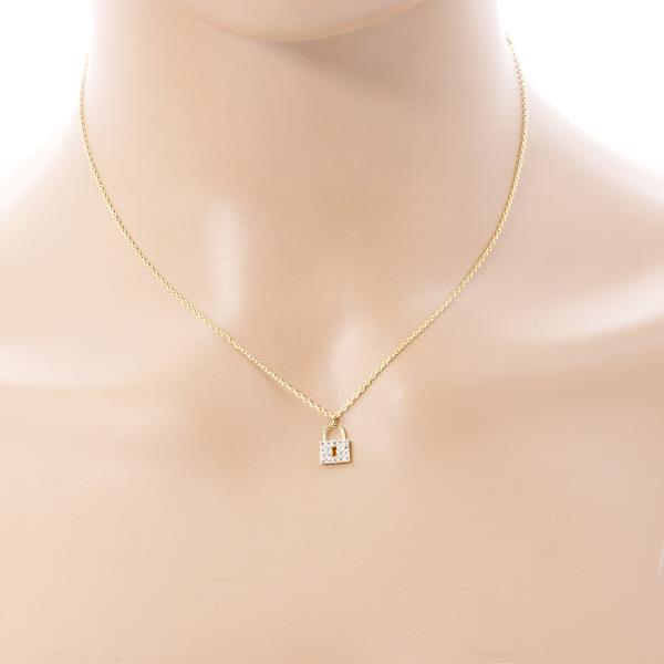 GOLD DIPPED CZ DAINTY RHINESTONE LOCK CHARM NECKLACE