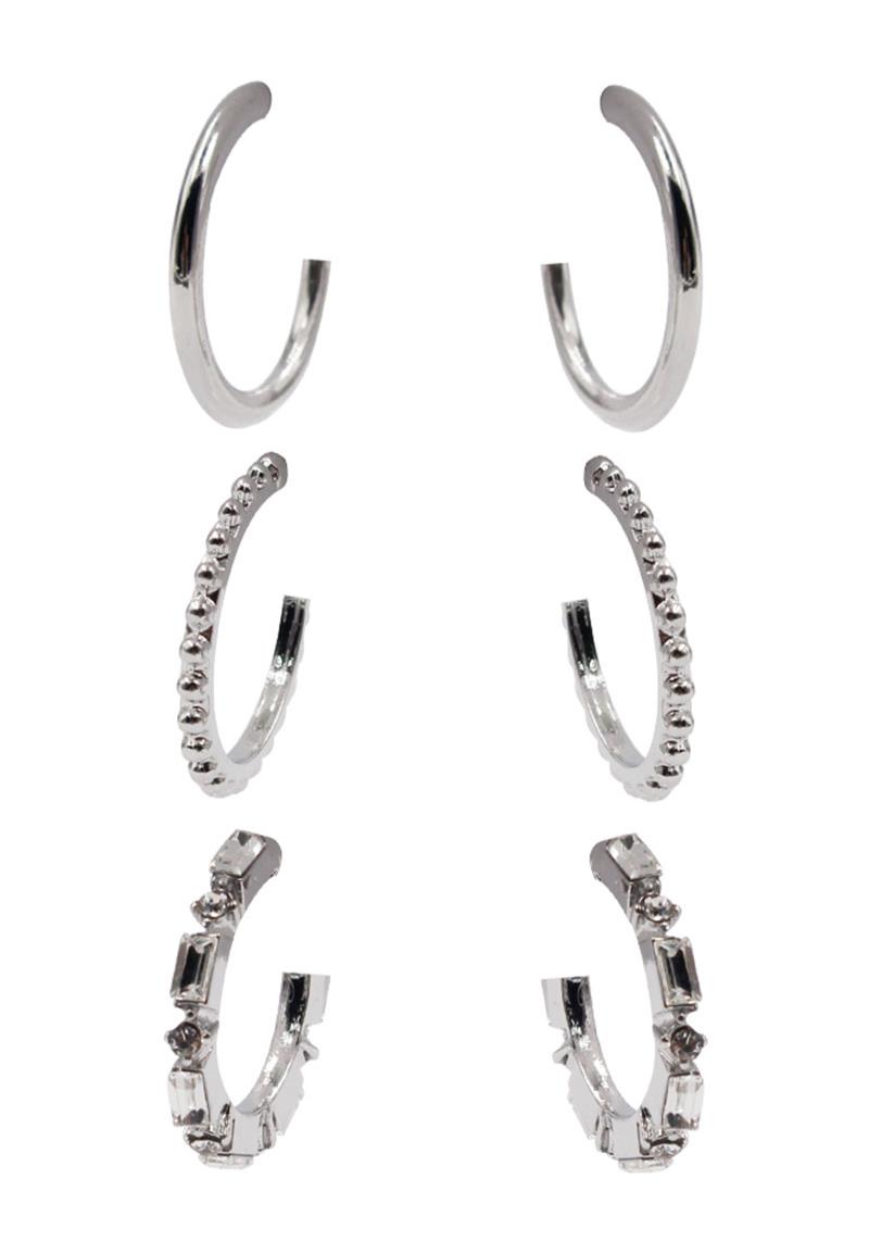 FASHION METAL CRYSTAL DESIGN OPEN ROUND EARRING 3 PC SET