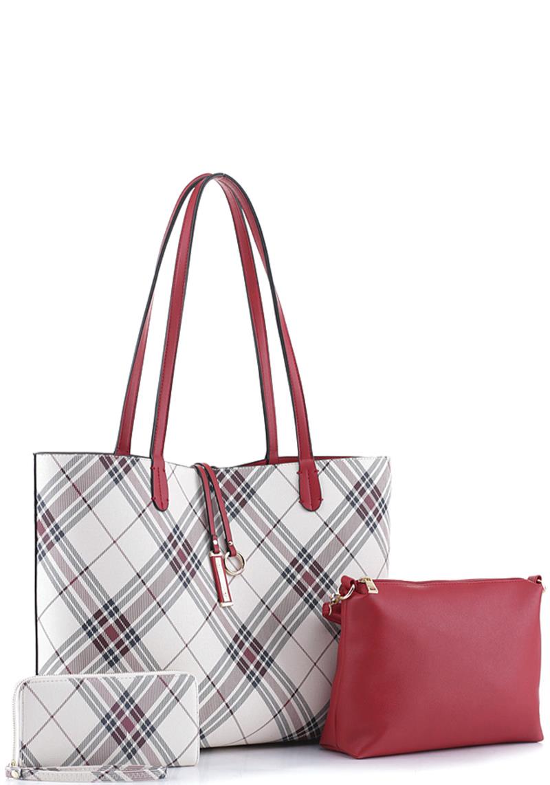 3IN1 FASHION PLAID CROSS DESIGN SHOPPER BAG WITH MINI BAG AND MATCHING WALLET SET