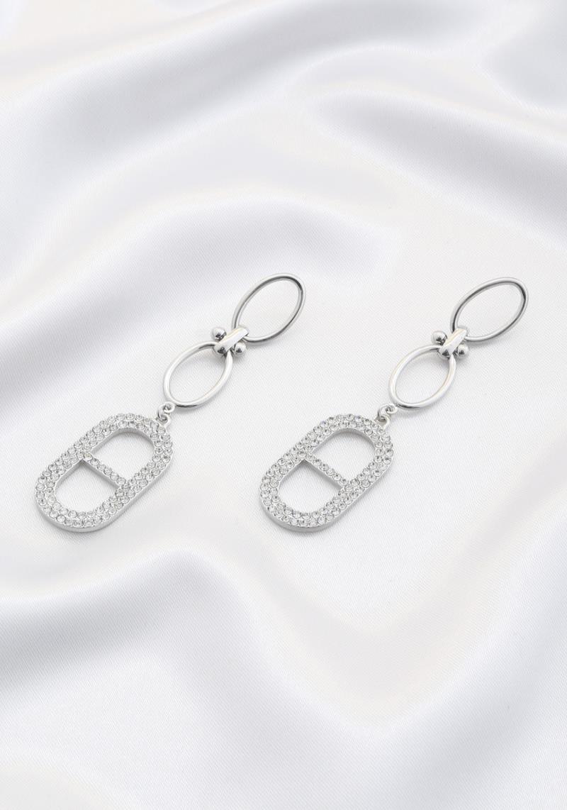 OVAL LINK METAL RHINESTONE DANGLE EARRING