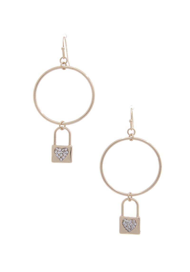 RHINESTONE HEART LOCK CHARM CIRCLE DROP EARRING