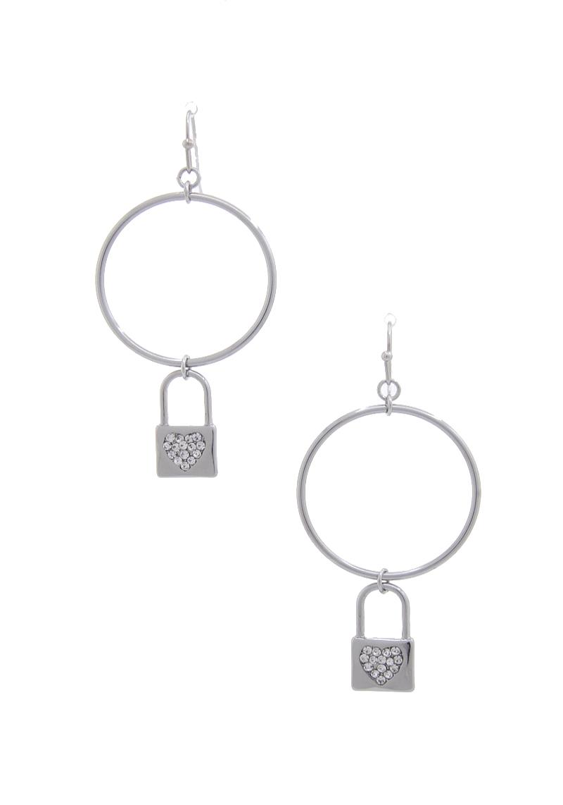 RHINESTONE HEART LOCK CHARM CIRCLE DROP EARRING