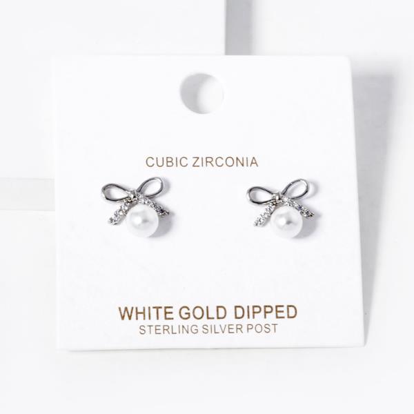 GOLD DIPPED CZ RIBBON BOW PEARL STUD EARRING