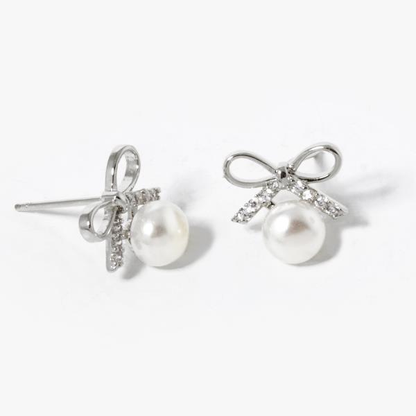 GOLD DIPPED CZ RIBBON BOW PEARL STUD EARRING