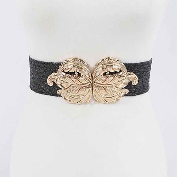 LEAF METAL BUCKLE STRETCH STRAW BELT
