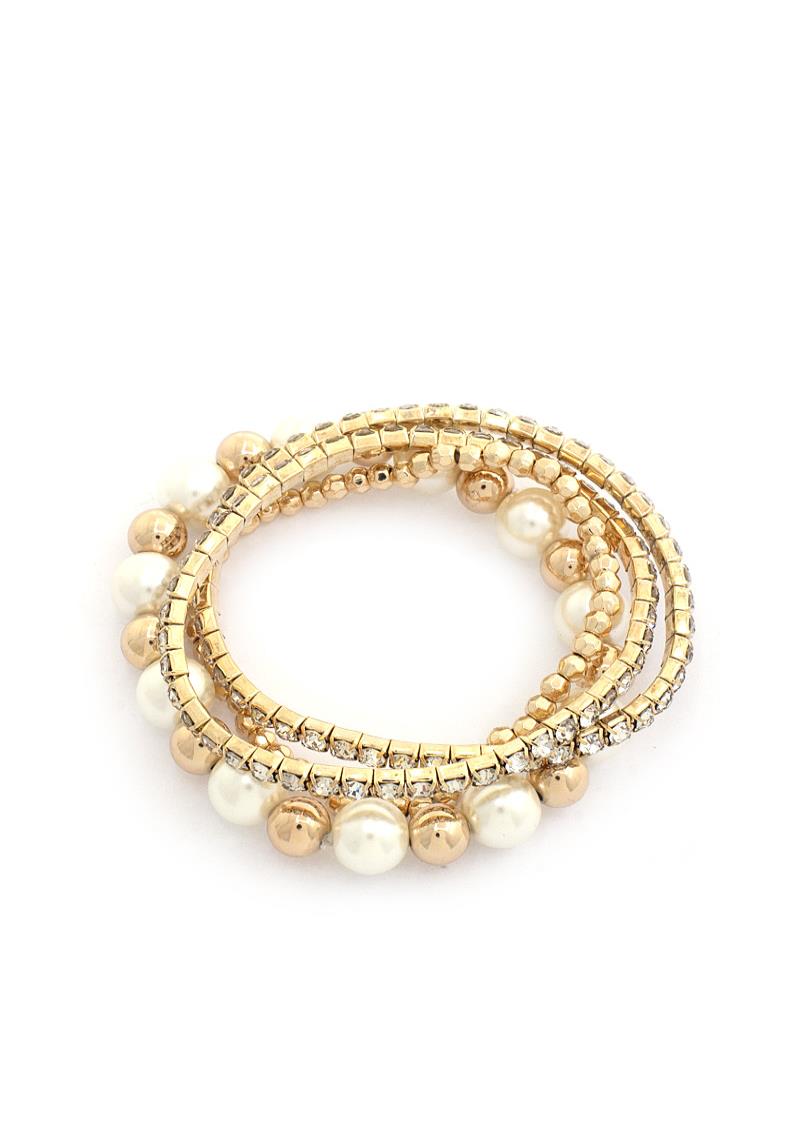 RHINESTONE METAL PEARL BEAD BRACELET SET