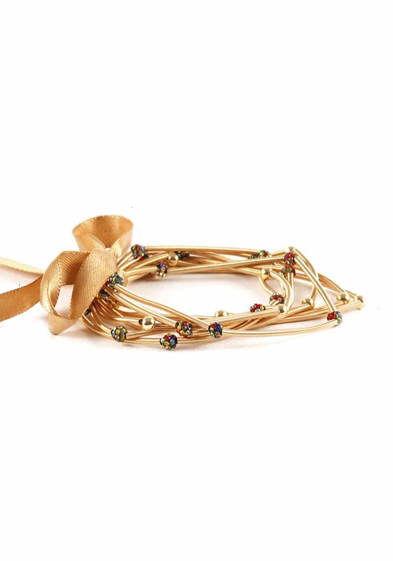 RHINESTONE BALL METAL STRETCH RIBBON BRACELET