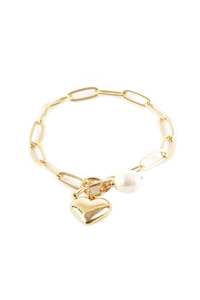 METAL CHAIN HEART PEARL CHARM TOGGLE CLASP BRACELET