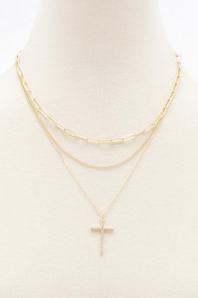 CROSS CHARM OVAL LINK LAYERED NECKLACE