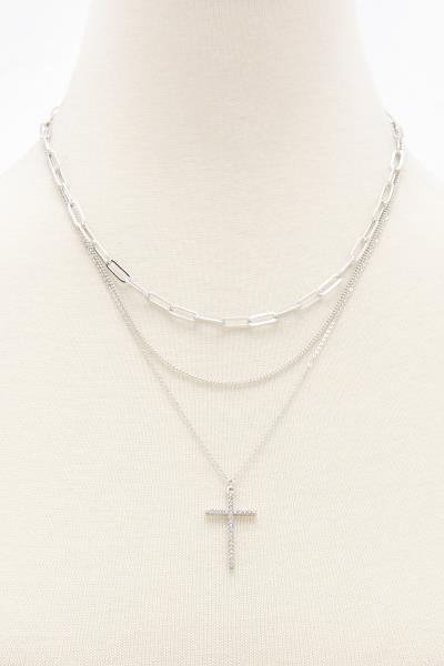 CROSS CHARM OVAL LINK LAYERED NECKLACE