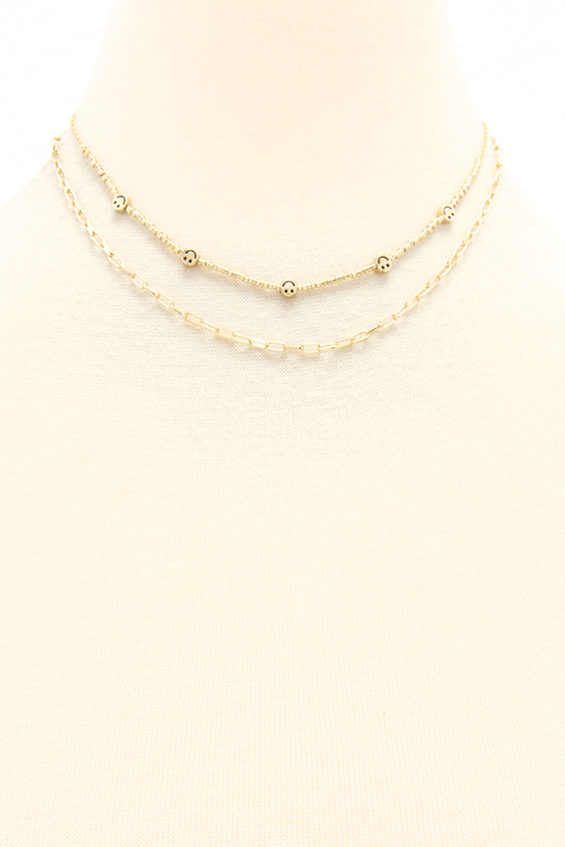 2 LAYERED METAL CHAIN SMILE CHARM NECKLACE
