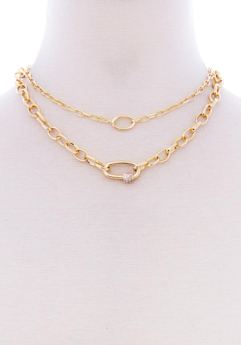 2 LAYERED METAL OVAL STONE POINT CHAIN NECKLACE
