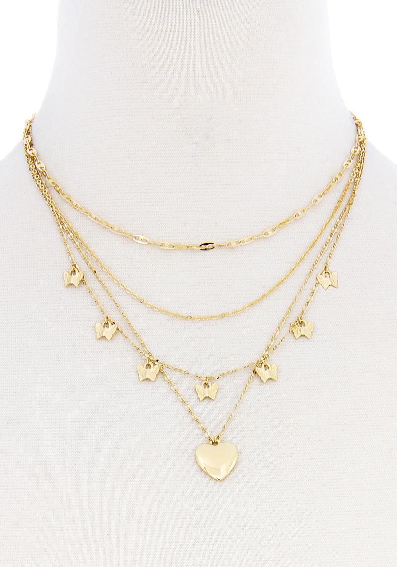 4 LINE CHAIN BUTTERFLY WITH HEART PENDANT LAYERED NECKLACE