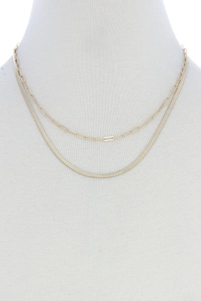 HERRINGBONE AND OVAL CHAIN 2 LAYERED METAL MULTI NECKLACE