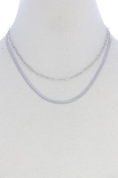 HERRINGBONE AND OVAL CHAIN 2 LAYERED METAL MULTI NECKLACE