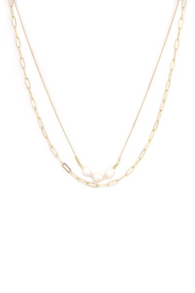 2 LAYERED METAL CHAIN PEARL PENDANT NECKLACE