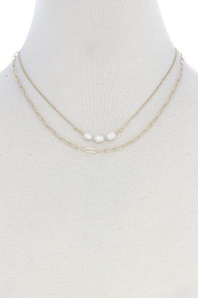 2 LAYERED METAL CHAIN PEARL PENDANT NECKLACE