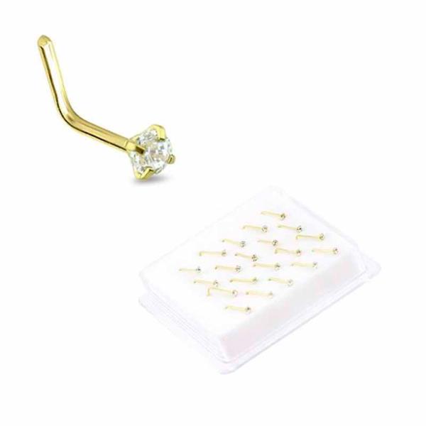 GOLD PLATED CZ STONE L SHAPE STERLING SILVER NOSE STUD (20 PC)