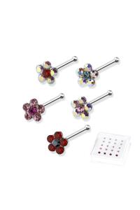 CZ FLOWER STERLING SILVER MULTI COLOR MIX NOSE STUD WITH BALL TIP (20 PC)