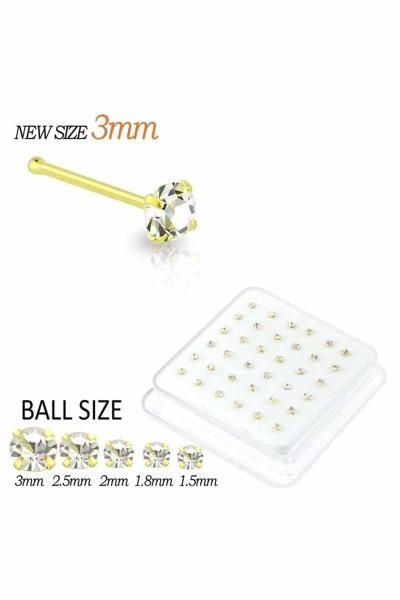 CZ 1.5 MM STONE STERLING SILVER GOLD PLATED NOSE STUD WITH BALL TIP (36 PC)