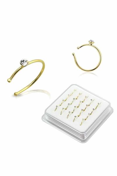 CZ STONE STERLING SILVER GOLD PLATED OPEN HOOP NOSE RING (20 PC)