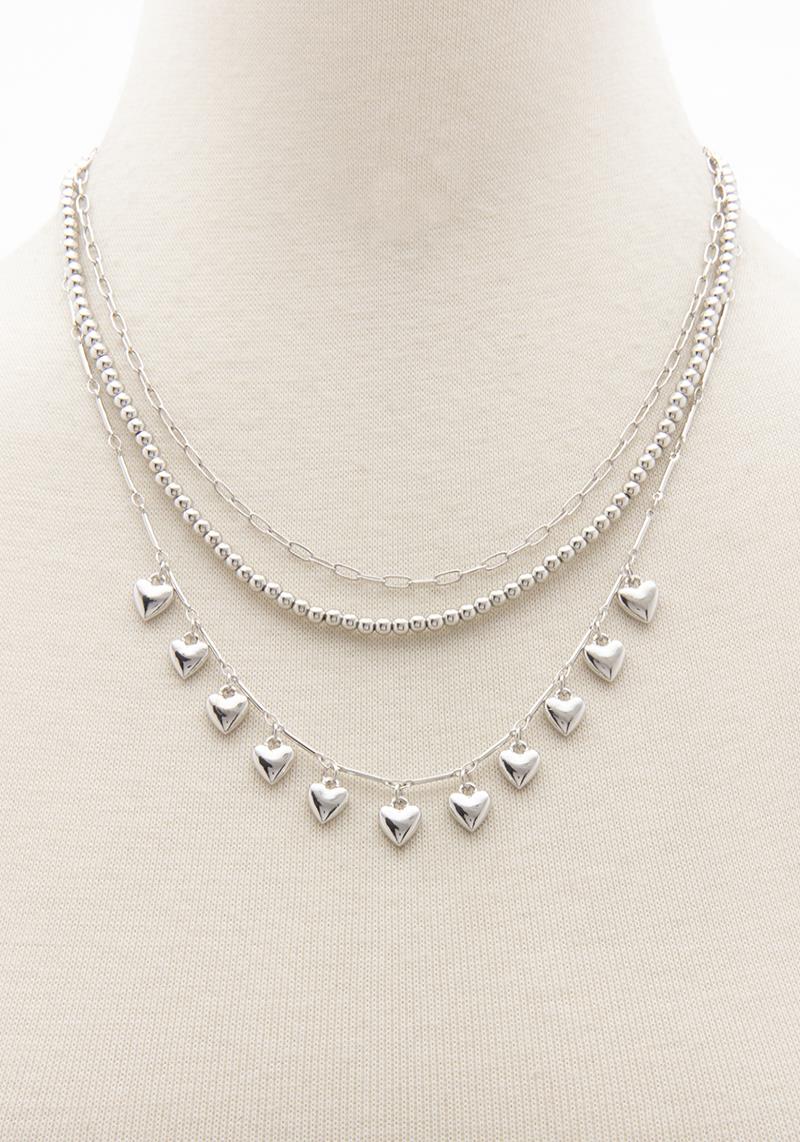 3 LAYERED METAL CHAIN HEART DANGLE NECKLACE