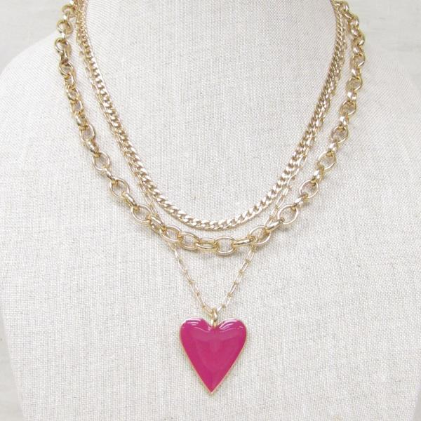 HEART COLOR METAL OVAL LINK LAYERED NECKLACE