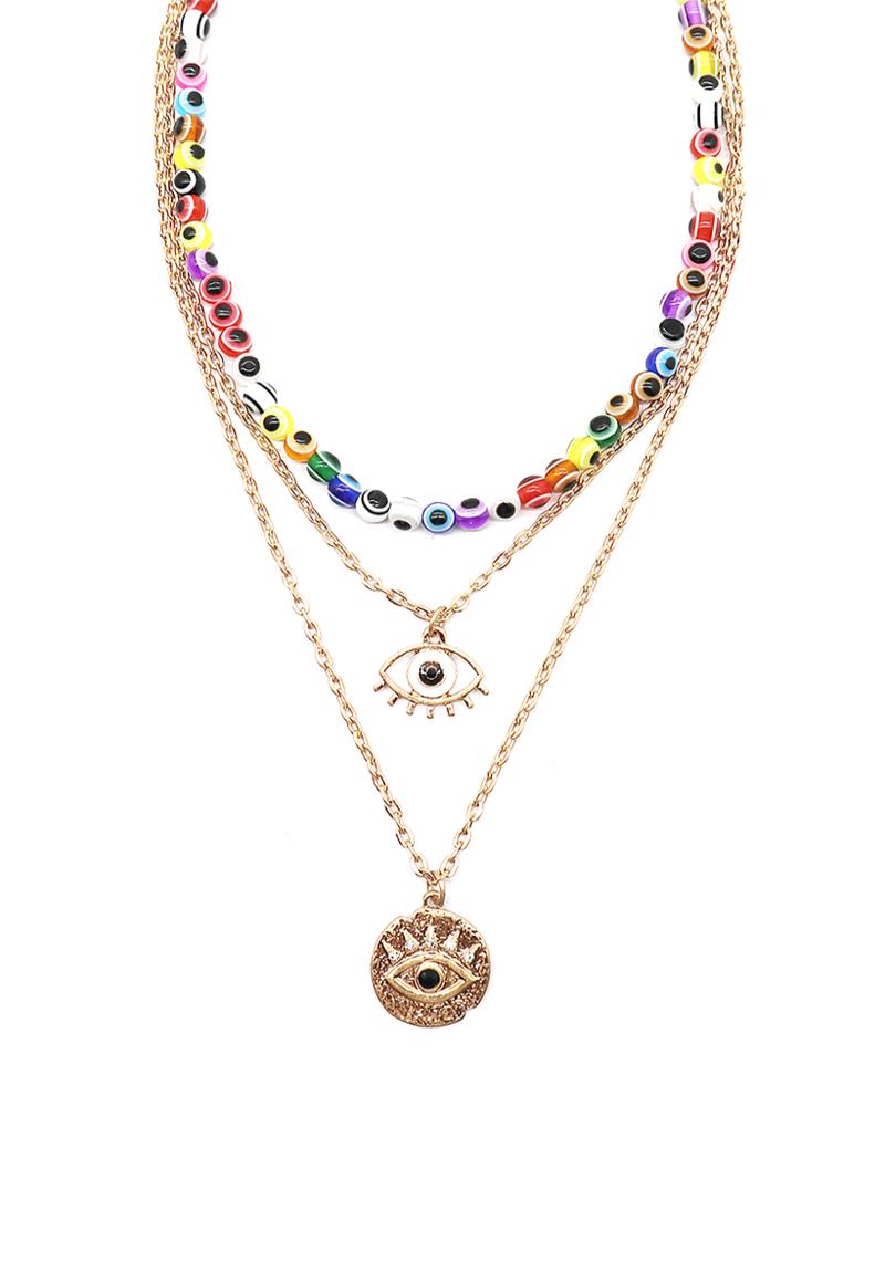 MULTI MIX COLOR EVIL EYE PENDANT TRIPLE NECKLACE