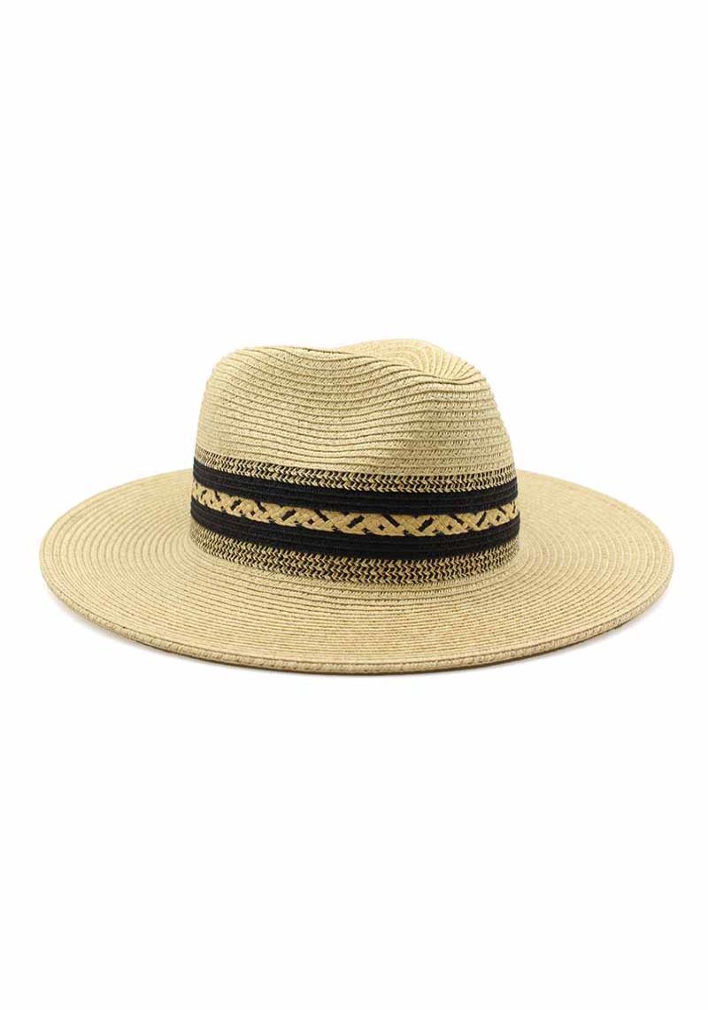 STRAW PANAMA WITH ETHNIC WEAVE AROUND CROWN