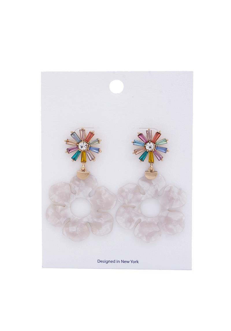 ACETATE FLOWER RHINESTONE POST DROP EARRING