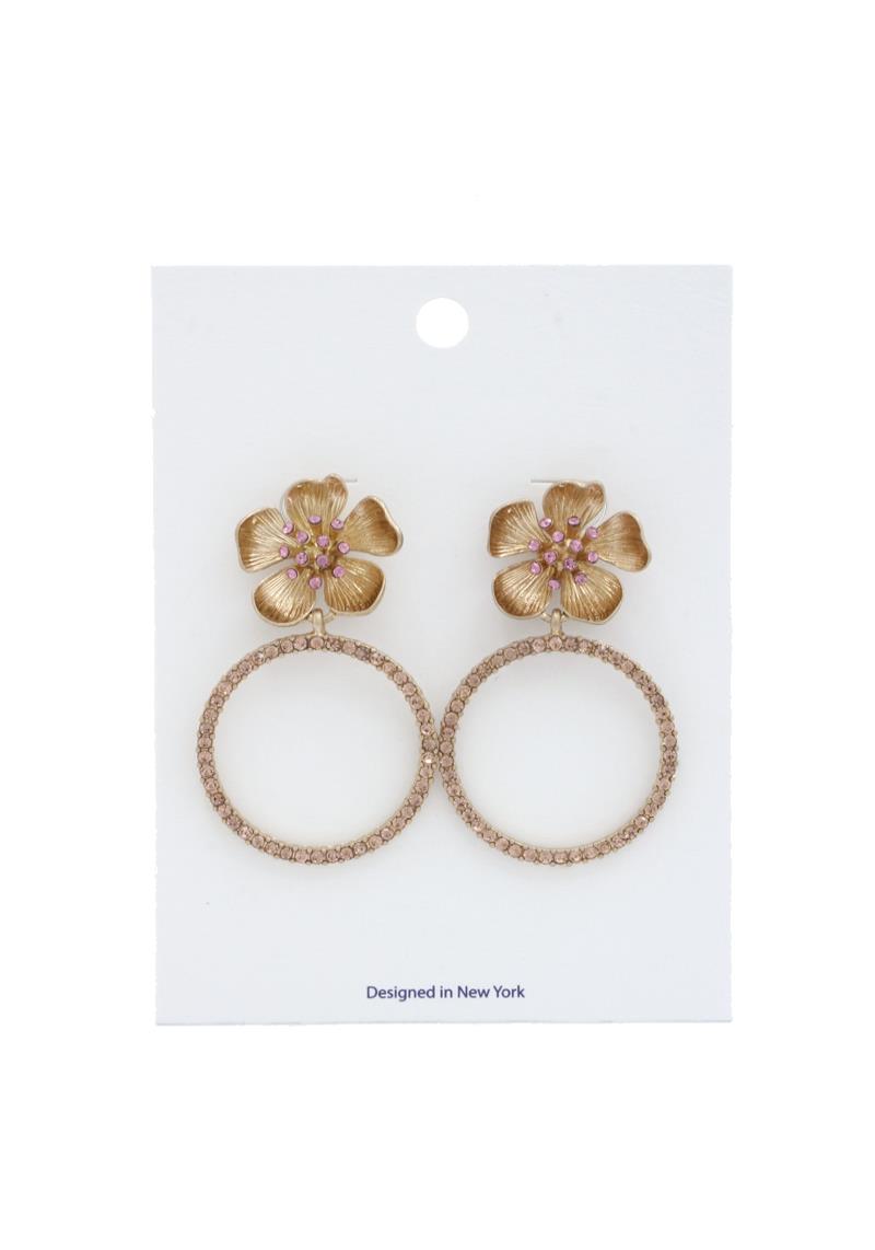 FLOWER RHINESTONE RING POST DROP EARRING