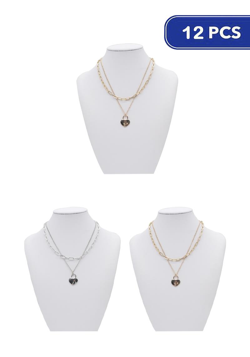 FASHION METAL 2 LAYERED CHAIN HEART LOCK PENDANT NECKLACE (12 UNITS)