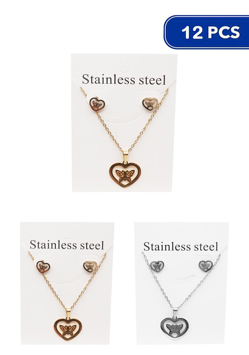 METAL INSIDE BUTTERFLY HEART CHOKER NECKLACE AND EARRING SET (12 UNITS)