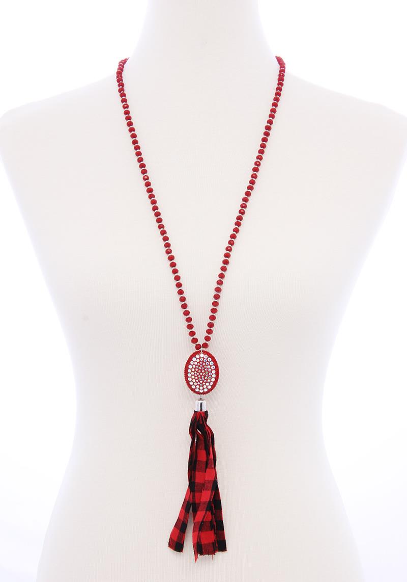 GLASS BEAD CHECK TASSEL LONG NECKLACE