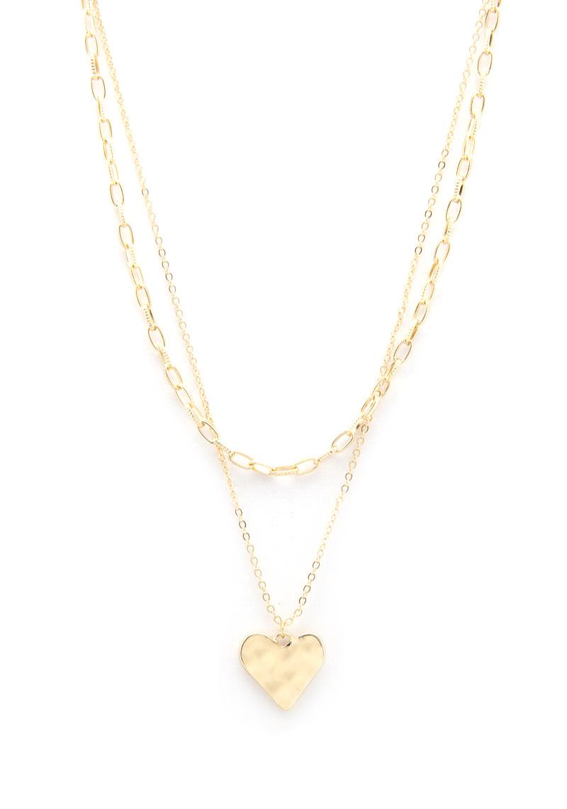HAMMERED HEART CHARM OVAL CHAIN LAYERED NECKLACE