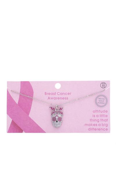 PINK RIBBON SUGAR SKULL BREAST CANCER AWARENESS CHARM NECKLACE