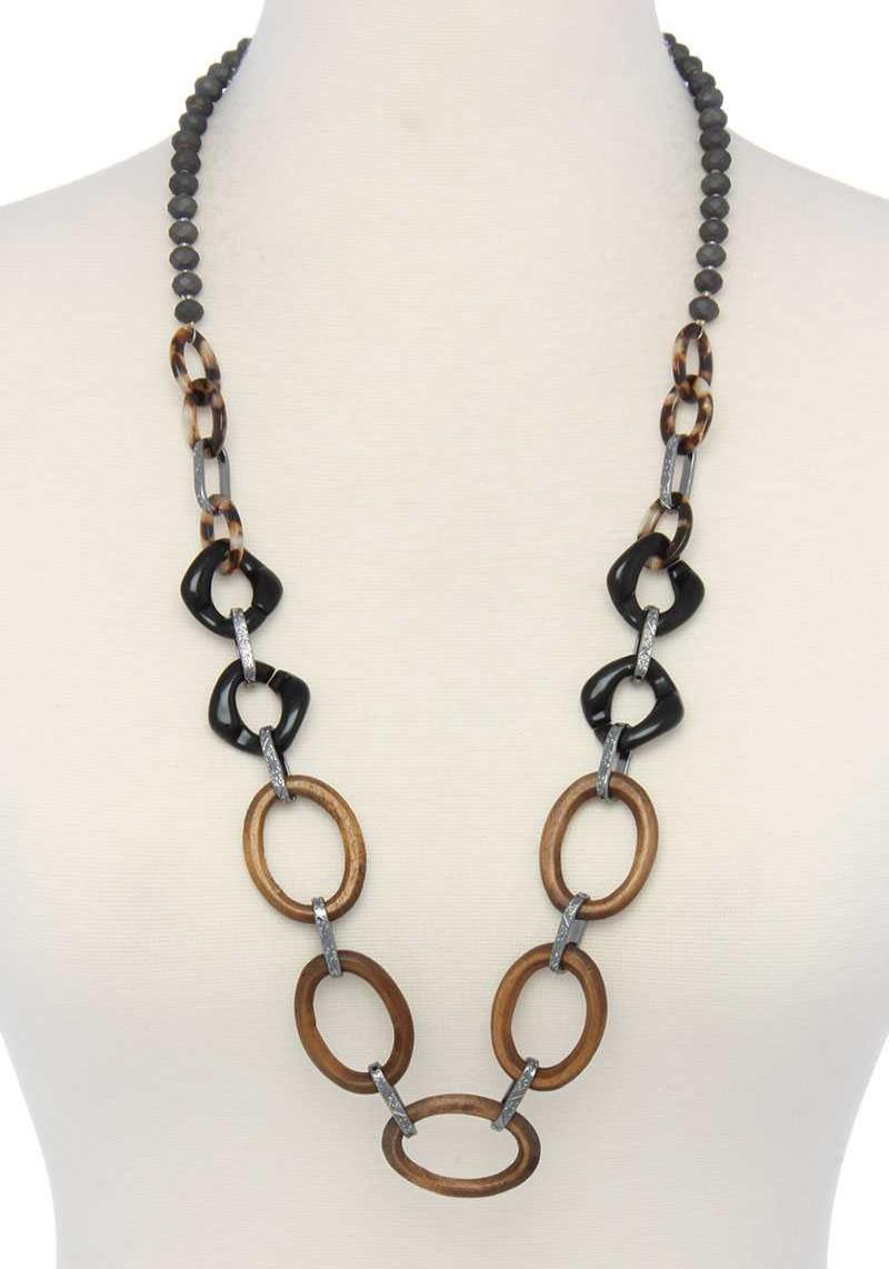 ACETATE WOOD OVAL LINKED BEADED NECKLACE