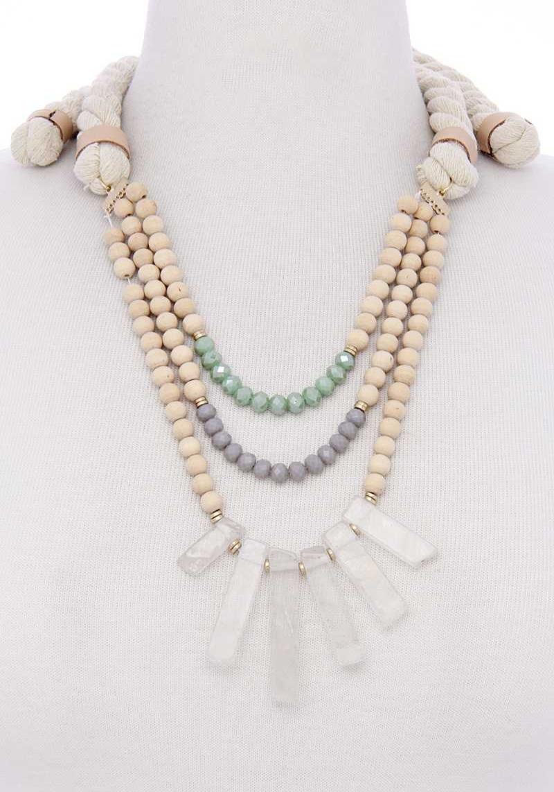 WOOD ROPE WITH NATURAL STONE FASHION NECKLACE