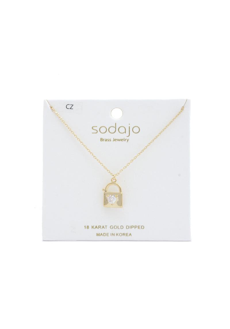 SODAJO LOCK CHARM CUBIC ZIRCONIA 18K GOLD DIPPED NECKLACE