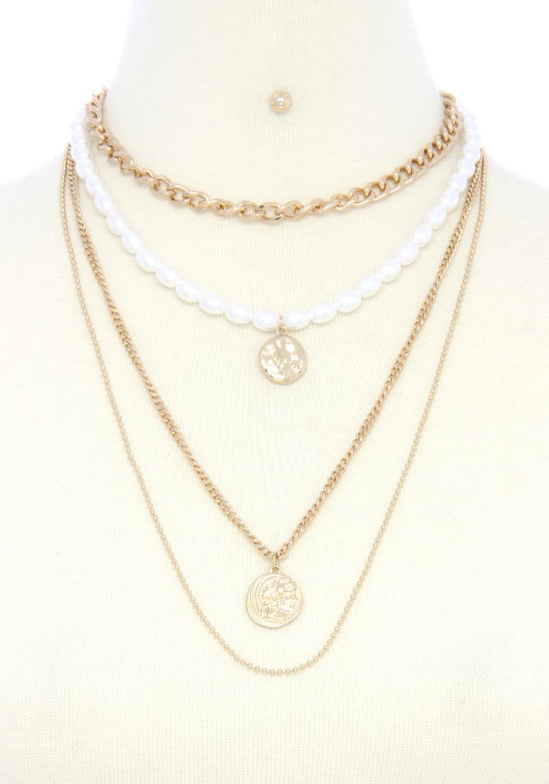 HAMMERED COIN PENDANT PEARL BEAD LAYERED NECKLACE