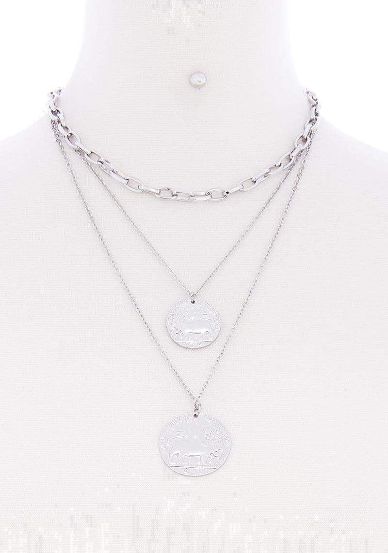 2 LAYERED DOUBLE METAL COIN PENDANT NECKLACE EARRING SET