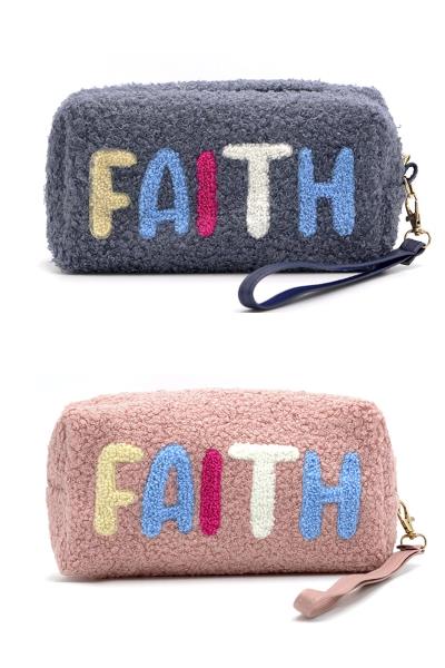 (12 PCS PACKAGE) FAUX FUR FAITH POUCH W/WRISTLET