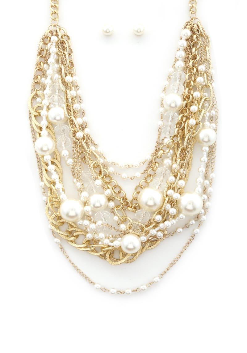 CHUNKY PEARL METAL LAYERED NECKLACE EARRING SET